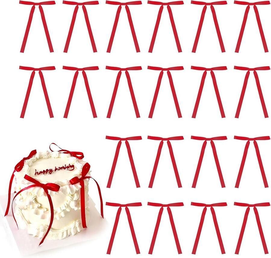 20 stuks rode cupcake-toppers met strik cupcake-prikkers voor bruidsfeest babyshower cake dessert prikkers decoratie voor baby's meisjes verjaardag bruiloft