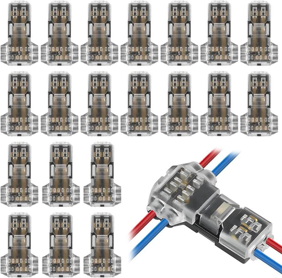 20 stuks T-verbinder laagspanning T-haak kabelverbinders voor laagspanning 12V 24V waterdichte T-aftakverbinders voor 20–22 AWG kabel snelle verbinders zonder afisolatie voor auto motor LED