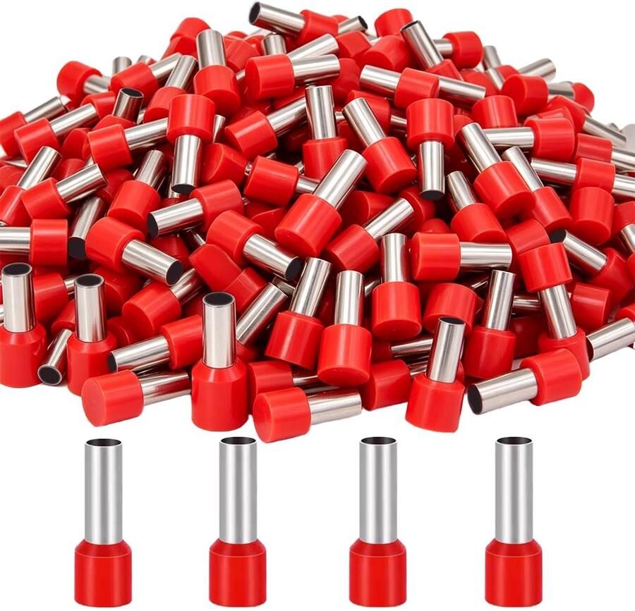 200 stuks adereindhulzen 10 mm² rood 12 mm lang geïsoleerde kabeleindhulzen voor veilige draadverbinding hoogwaardige koperen krimpverbinders compatibel met Wago klemmen en kroonluchterklemmen