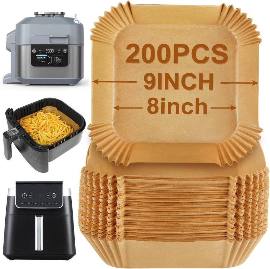 200 stuks Airfryer Liner Airfryer Accessoires olie-absorberende voedselpad vierkant bakpapier antiaanbakpapier voor Airfryer wegwerpbaar (binnenkant 7 9 inch) bruin 20cm - Foto 2