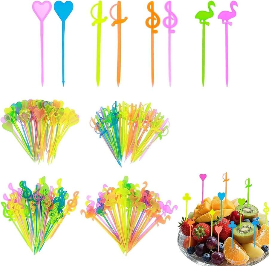 200 stuks fruitspiesjes kunststof hart flamingo noten design kinderen fruitvorken BPA-vrij herbruikbaar fingerfood spiesen partypicker voor snacks barbecue cocktailfeest
