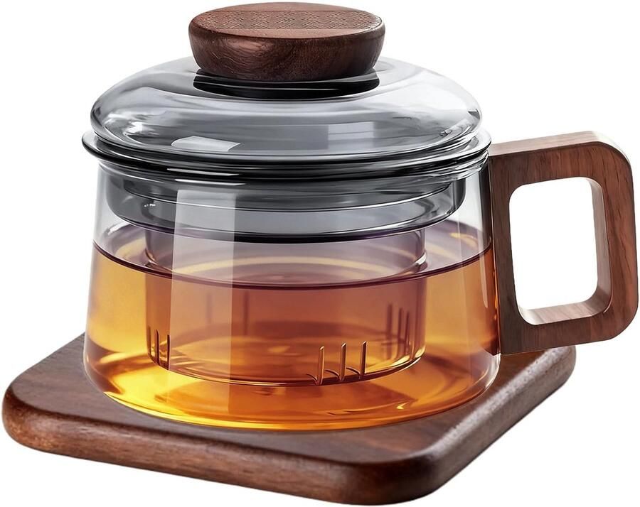 200ml glazen theepot met deksel en zeef walnoothouten losse theeschenker met houten onderzetters en houten handgreep theeglas theepot van borosilicaatglas hittebestendig theeglas voor