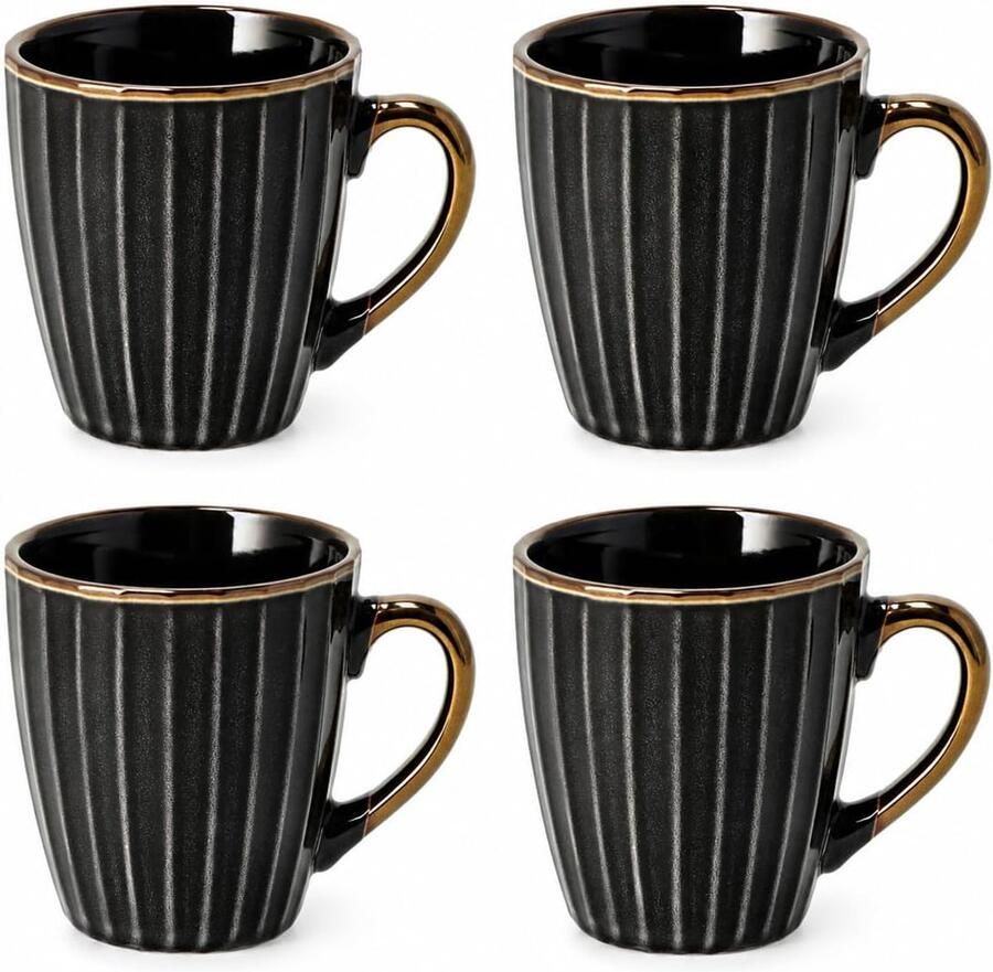 200ml Set van 4 – Zwart-Gouden Mokken met Oor – Keramische Cappuccino Kopjes Koffiekopjes Theekopjes en Koffiebekers