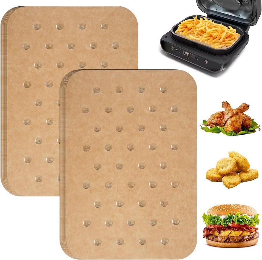 200x Rechthoekige Airfryer Papieren Voeringen (20.5x14cm) Geperforeerd Bakpapier voor Heteluchtfriteuse