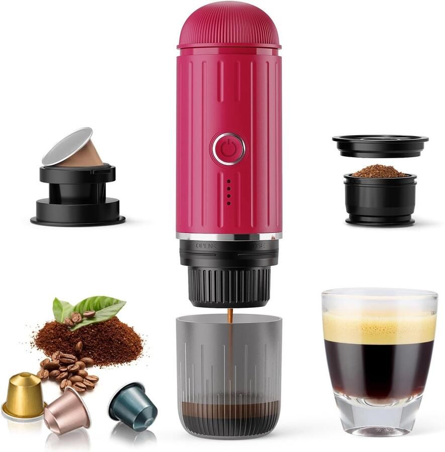 2026 Draagbaar elektrisch koffiezetapparaat voor gemalen koffie en NS-capsules. Snelle zelfverwarmingstechnologie met USB-C. Perfect voor campers wandelen kamperen kantoor en een actieve levensstijl. Een ideaal kerstcadeau voor mannen-rood