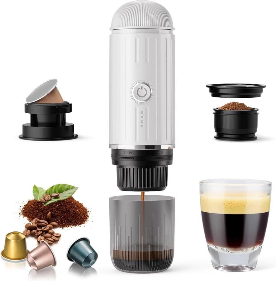 2026 Draagbaar elektrisch koffiezetapparaat voor gemalen koffie en NS-capsules. Snelle zelfverwarmingstechnologie met USB-C. Perfect voor campers wandelen kamperen kantoor en een actieve levensstijl. Een ideaal kerstcadeau voor mannen-wit