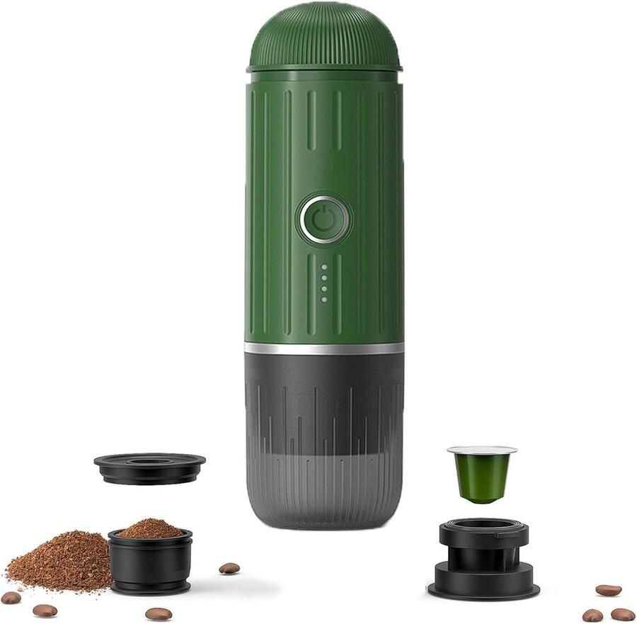 2026 Draagbaar elektrisch koffiezetapparaat voor gemalen koffie en NS-capsules. Snelle zelfverwarmingstechnologie met USB-C. Perfect voor campers wandelen kamperen kantoor en een actieve levensstijl. Een ideaal kerstcadeau voor mannen-groen
