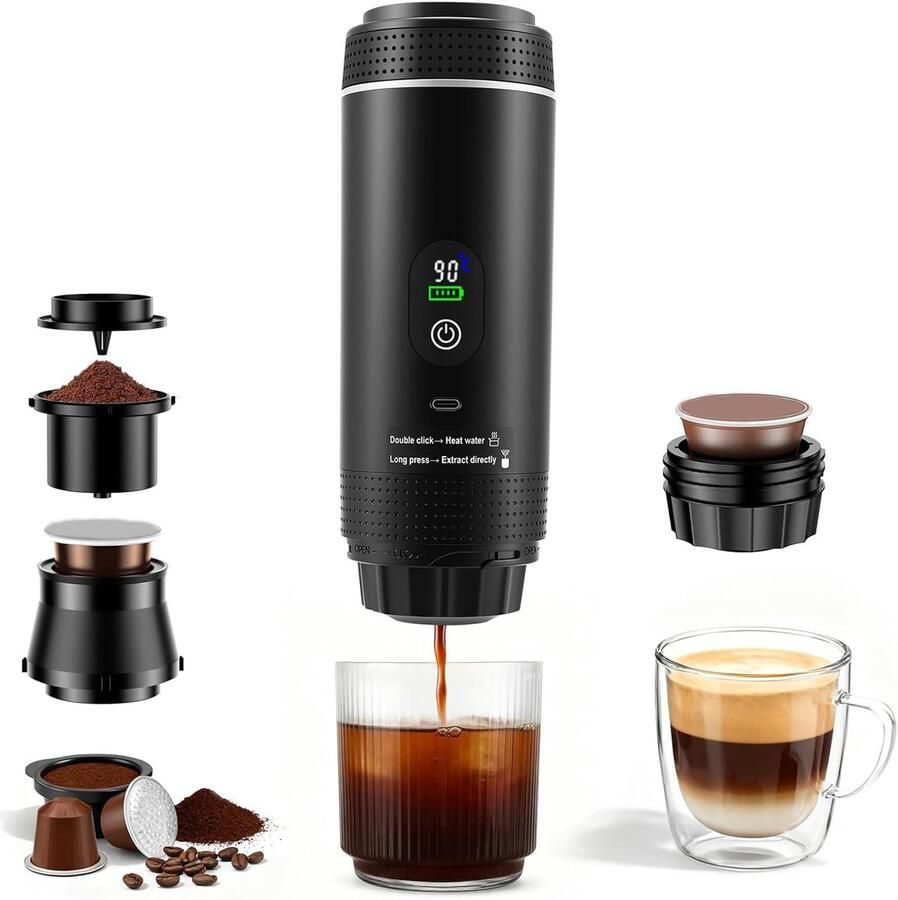 2026 Nieuw Koffiezetapparaat 3 in 1 Mini Koffiemachine Draagbare koffiemachine Compatibel met capsules en gemalen koffie 80ml Koude en warme extractie Eenvoudig te bedienen Voor kamperen in de auto en op reis Zwart