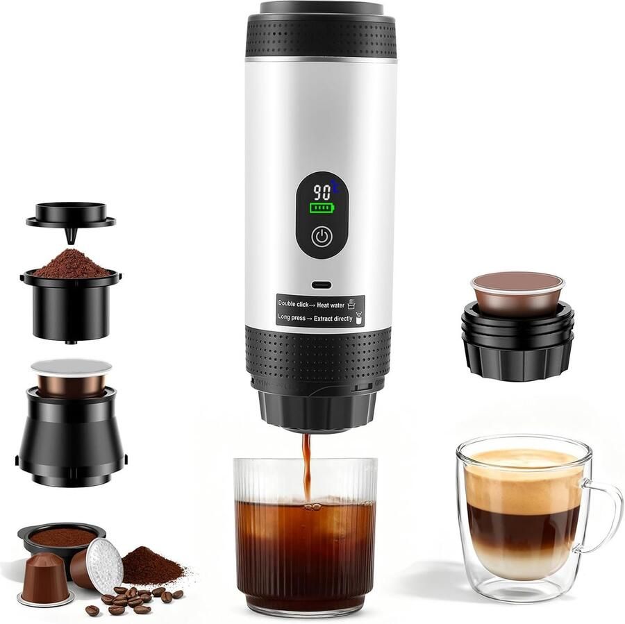 2026 Nieuw Koffiezetapparaat 3 in 1 Mini Koffiemachine Draagbare koffiemachine Compatibel met capsules en gemalen koffie 80ml Koude en warme extractie Eenvoudig te bedienen Voor kamperen in de auto en op reis Wit