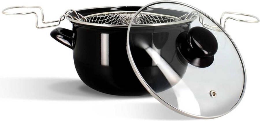 20cm friteuse zwart geëmailleerd staal chromen rand deksel mand zelfgemaakte frietjes 3645579