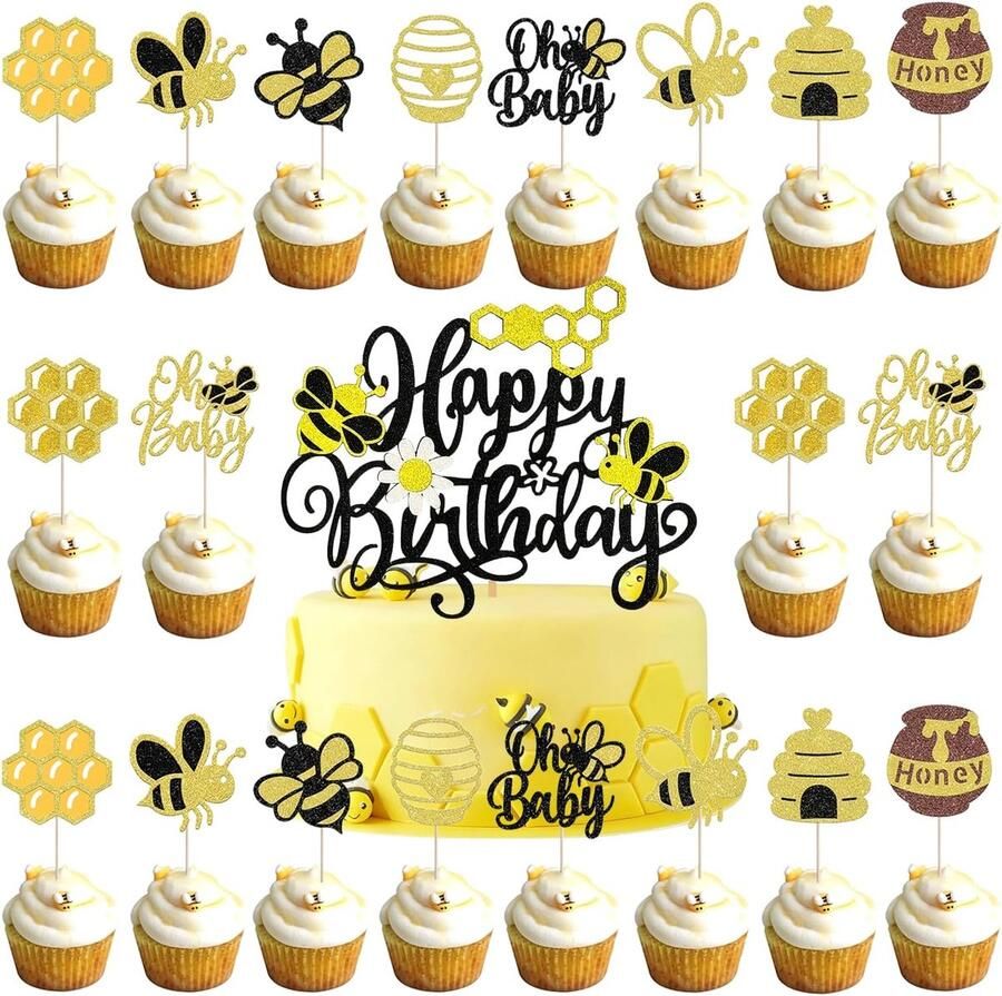 21 stuks bijenthema taartdecoratieset gelukkige bijen verjaardagsartikelen verjaardagsfeestje voor kinderen insectencupcake babybad