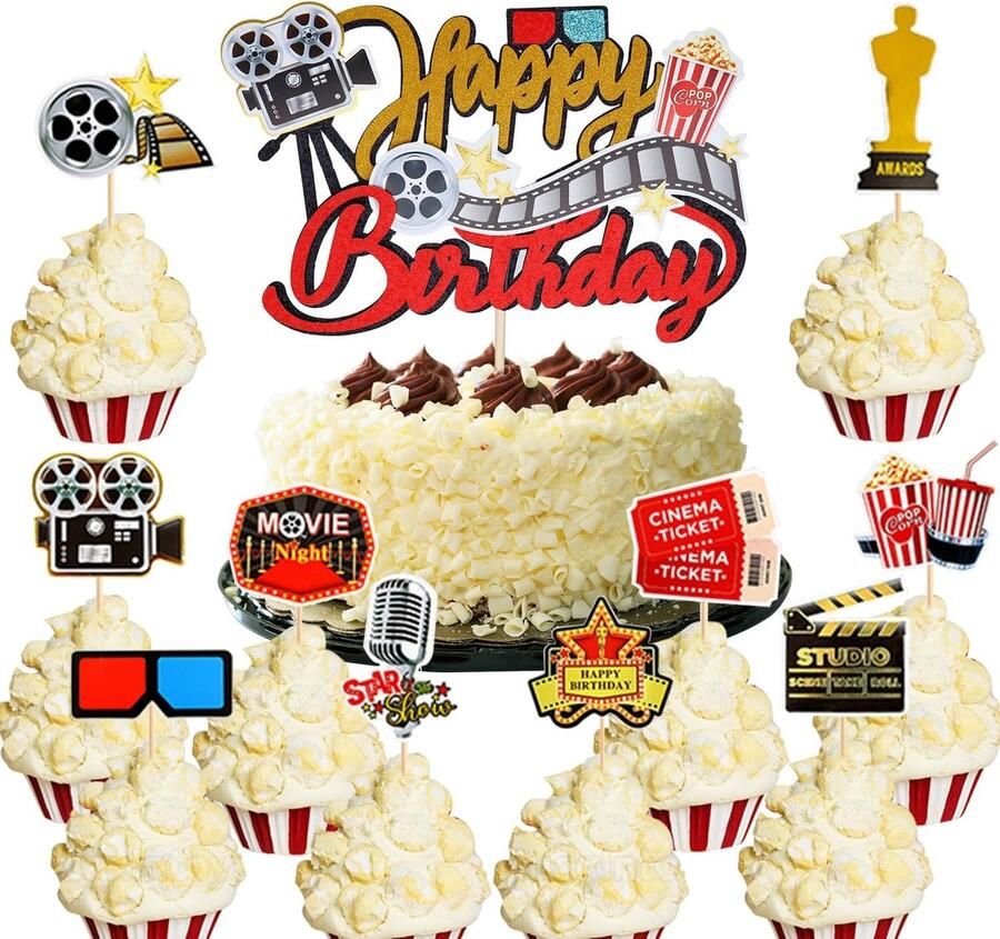 21 Stuks Film Cake Decoraties Bioscoop Cupcake Toppers Accessoires voor Camera Popcorn Decoraties Retro Thema Film Thema Party