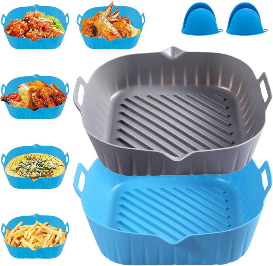 Siliconen pot 2 stuks 22 cm mand met anti-aanbaklaag voor airfryer en oven herbruikbare matten keukenaccessoires blauw en grijs Air Fryer Silicone Pot - Foto 2