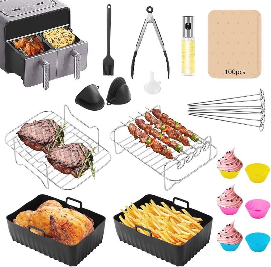 24 Accessoires voor Airfryers tot 9 5 Liter Siliconen Vormen Vetpapier en Meerdere Niveaus BBQ