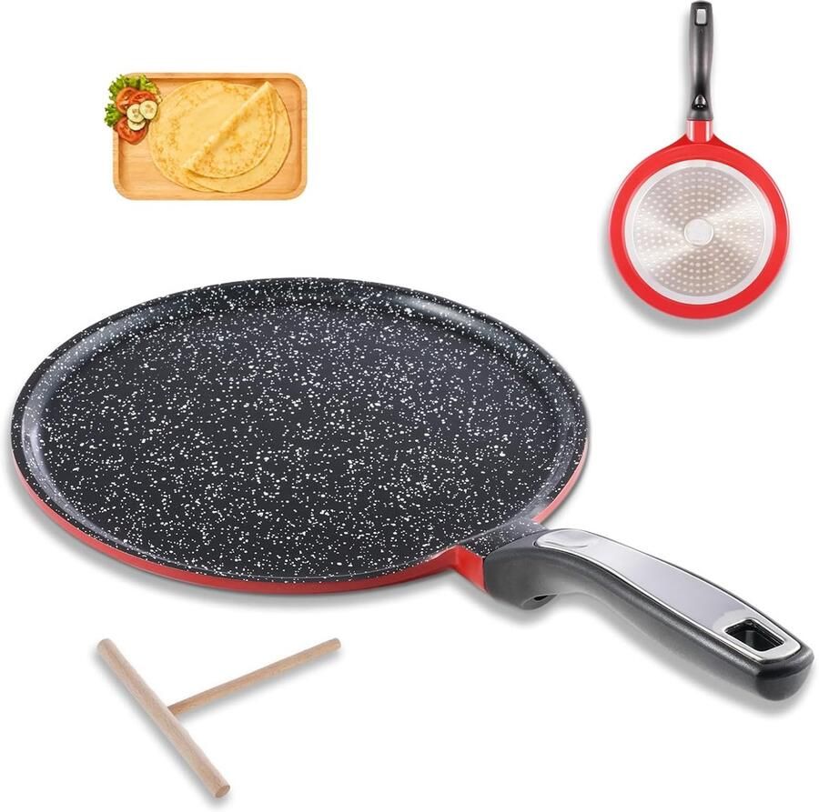 24 cm crêpepan voor inductie met houten deegspreider anti-aanbak inductie crêpemaker WEIBUGER keramische coating zonder PFOA geschikt voor alle soorten keukens