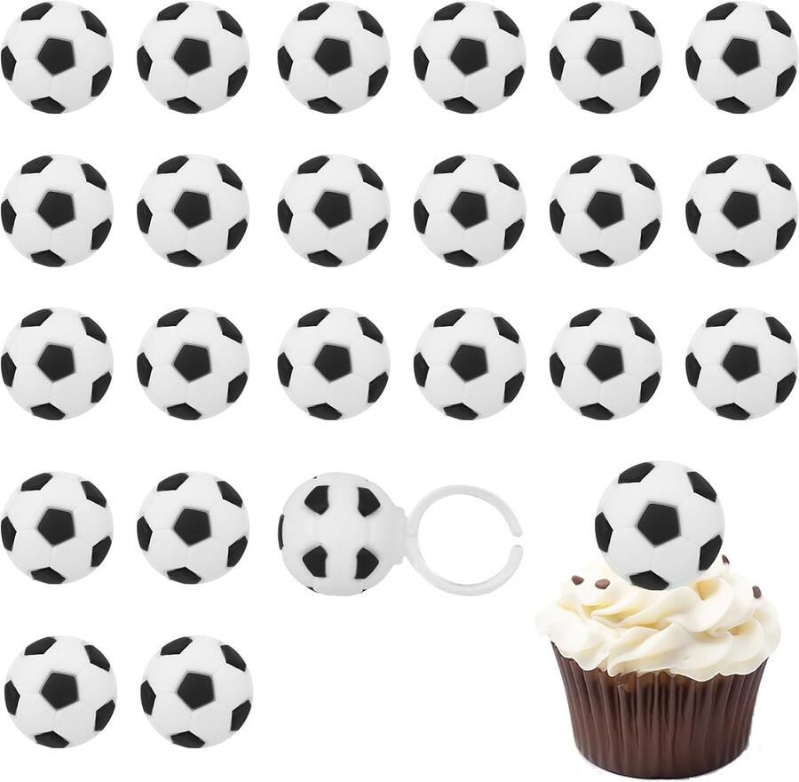 24 Stuks 3D Voetbal Cupcake Ringen Sportthema Taarttoppers Open Einde Feestringen Voetbal Feestartikelen voor Verjaardag Donuts Muffins Decoratie
