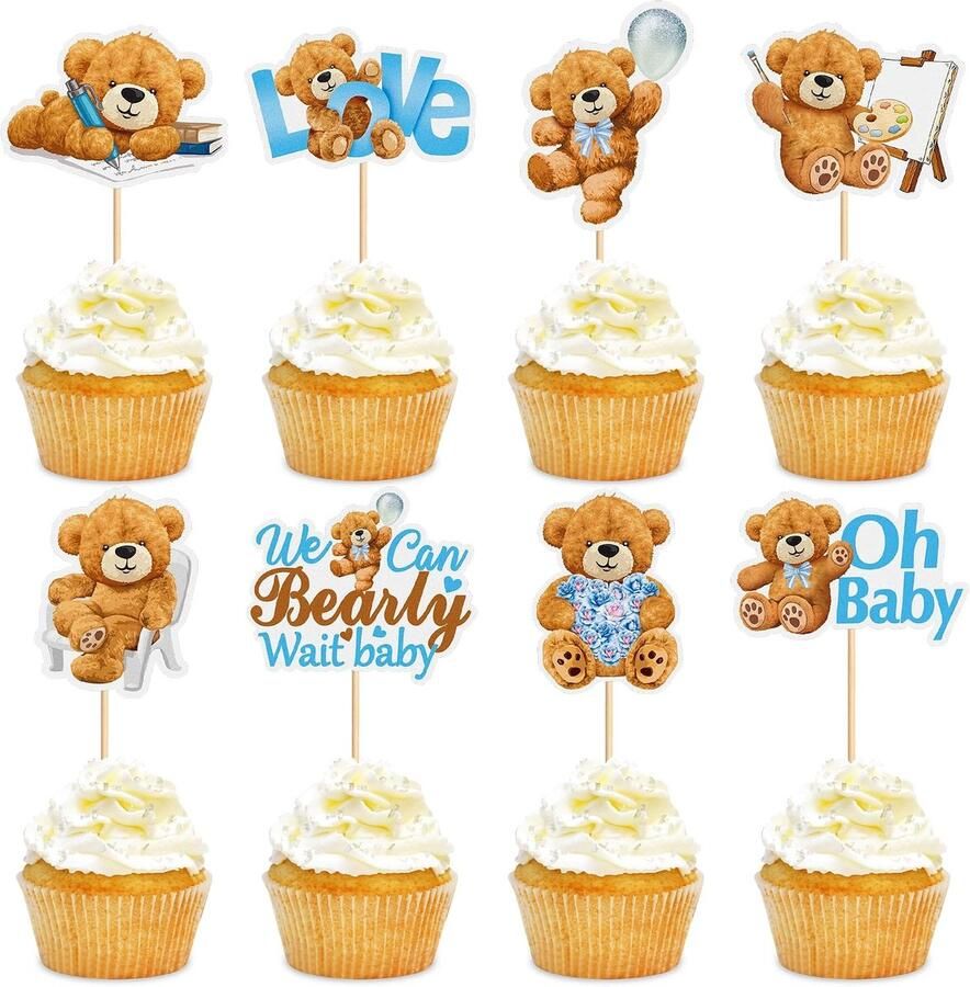 24 stuks Blauwe Babybeer Cupcake Toppers We kunnen niet wachten Cupcake Spiesjes Teddyberen Voedselspiesjes Voor Blauwe Babyfeest Jongens Bijna Verjaardag