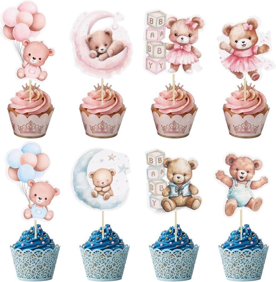 24 stuks cupcake-toppen met beer-kuchendecoraties toppen voor taarten speelgoed voor baby decoraties voor desserts geboorte- en babyfeestjes gender-onthulingspartij (roze + blauw)