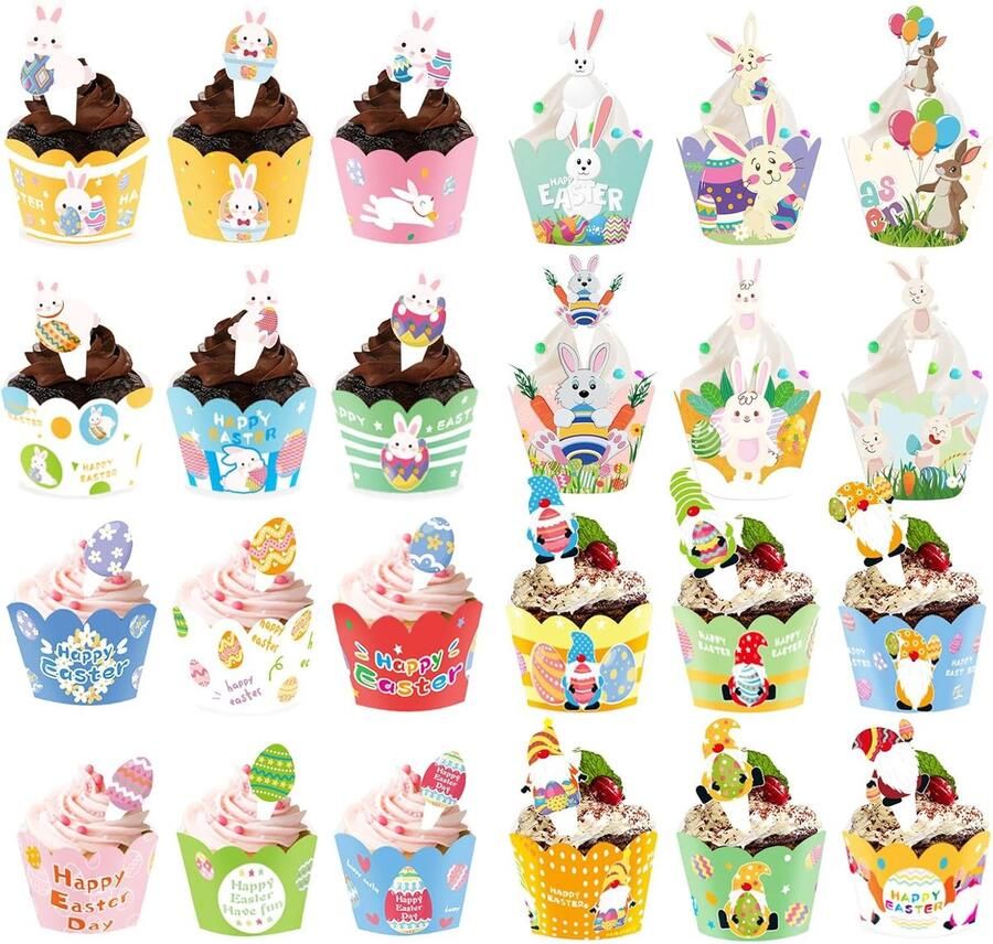 24 stuks Cupcake Toppers Paaswrappers Paascupcake Toppers en Wrappers – Cupcake-Decoratiekaretten en Bakdozen voor Paasfeest Verjaardag Cupcake Decoratie