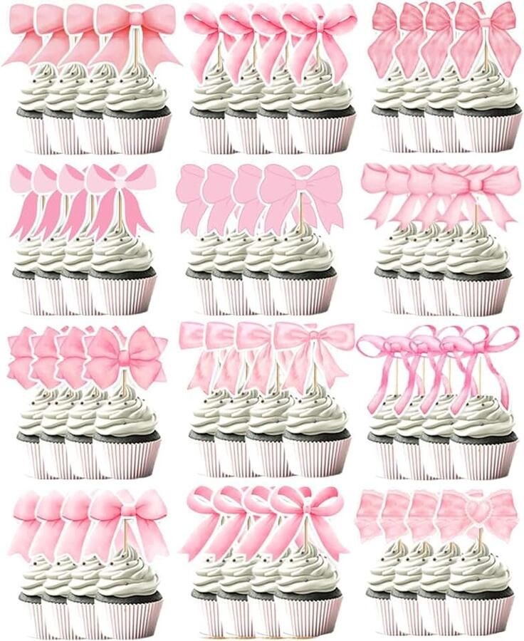 24 stuks decoraties voor Pink Bow Knot taartdecoratie om uit te kiezen voor verjaardag bruiloft babyshower afscheid