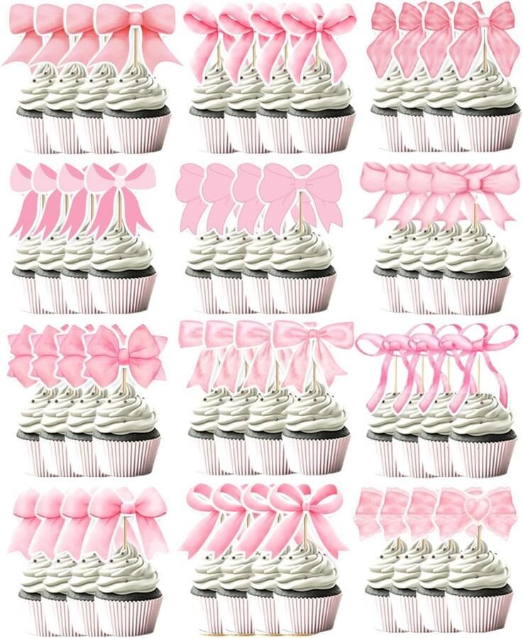 24 stuks decoraties voor Pink Bow Knot taartdecoratie om uit te kiezen voor verjaardag bruiloft babyshower afscheid
