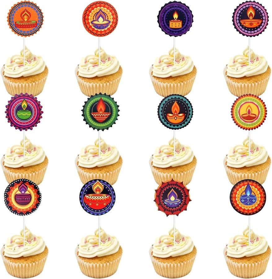 24 stuks Diwali Cupcake Toppers Happy Diwali Diya's Taartdesserttoppers Cupcakeprikkers Indiaas Lichtfestival Verjaardag Deepavali Feestdecoraties Benodigdheden