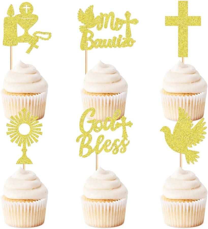 24 stuks eerste communie taarttoppers toppers taartkruis decoratie glitter duif heilig kruis decoratie communie eerste communie doop vormsel verjaardag bruiloft