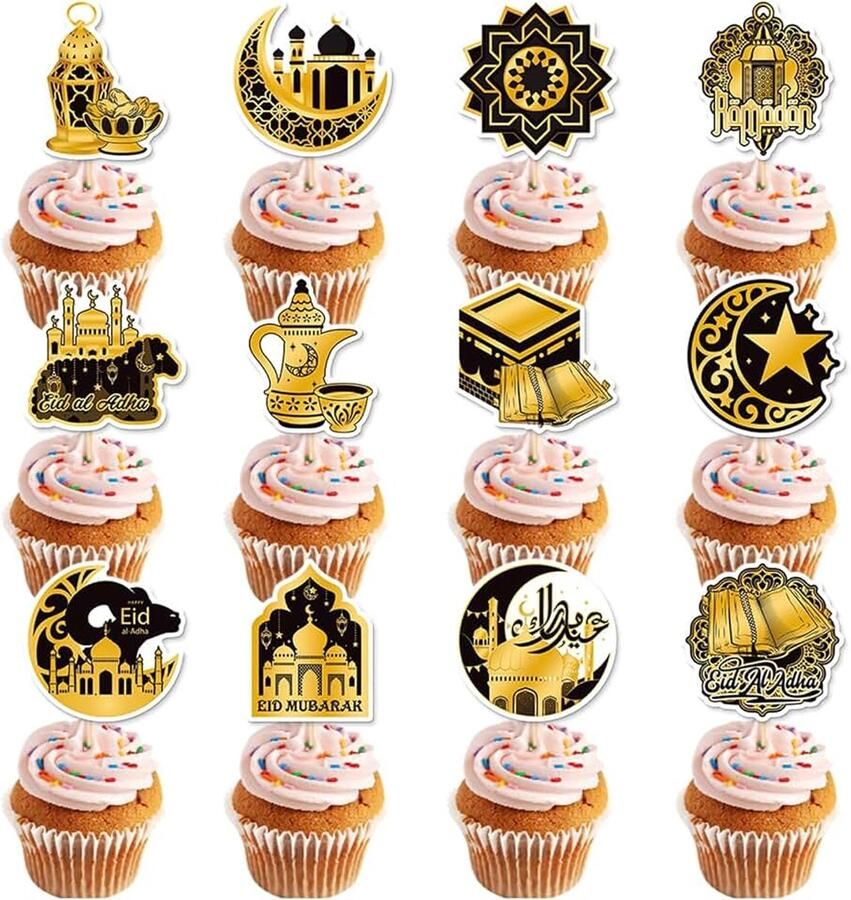 24 Stuks Eid Mubarak Cupcake Topper Maan & Ster Ramadan Kareem Cupcake Topper Voor Islamitische Moslim Eid-Vieringen & Taarten
