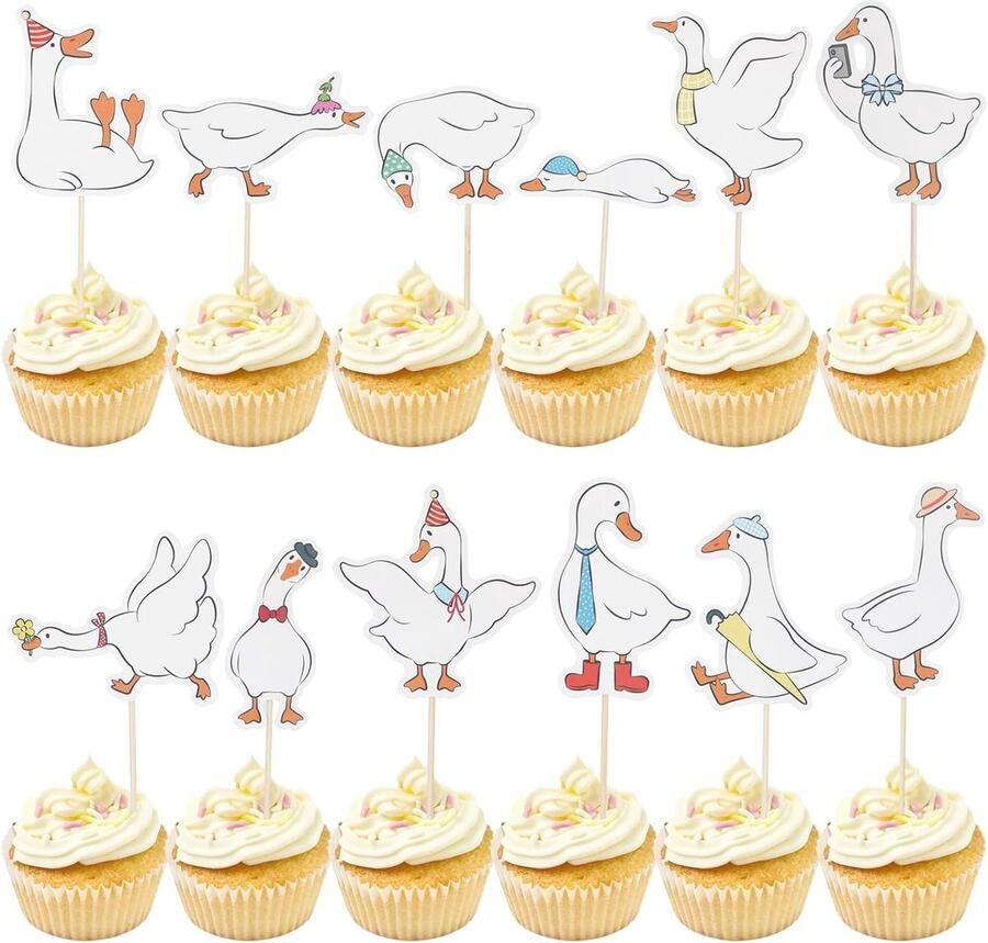 24 Stuks Gekke Gans Cupcake Toppers Schattige Witte Gans Verjaardagstaart Decoraties voor Kinderen Verjaardagsfeest Benodigdheden Babyshower Dierenthema Taartdecoraties