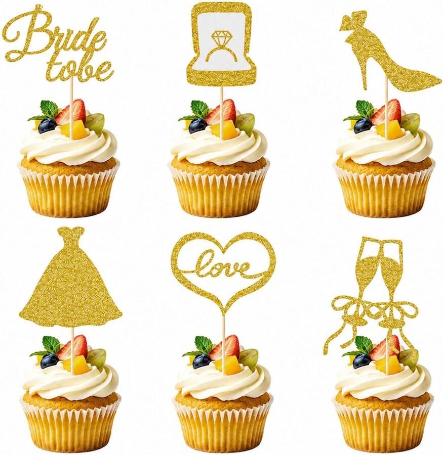 24 stuks Gouden Glitter Cupcake Toppers – Bruid in spe decoratie voor bruiloft Elegante taartdecoratie bruiloft met bruidsmeisjesmotieven Perfecte bruid in spe taartdecoratie voor