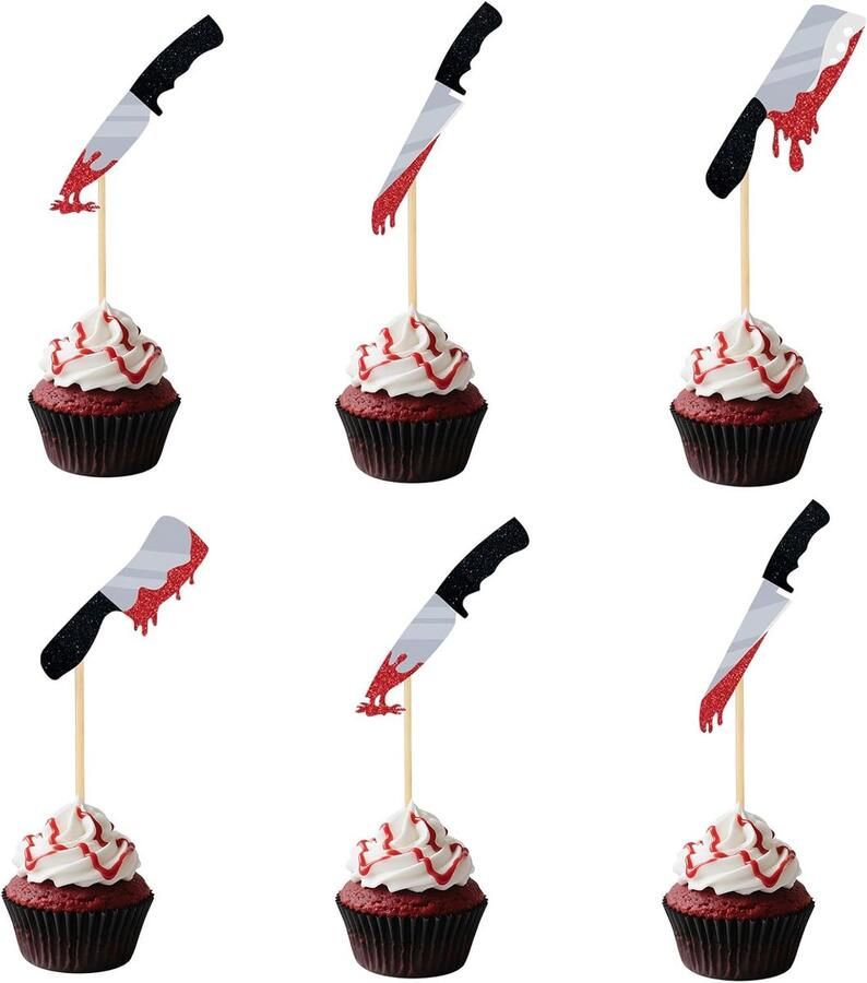 24 stuks Halloween Cupcake Toppers Glitter Horror Bloedmes Cupcake Prikkers Moorddadige Verjaardagstaartdecoraties voor Halloweenfeest Thema Verjaardagsbenodigdheden