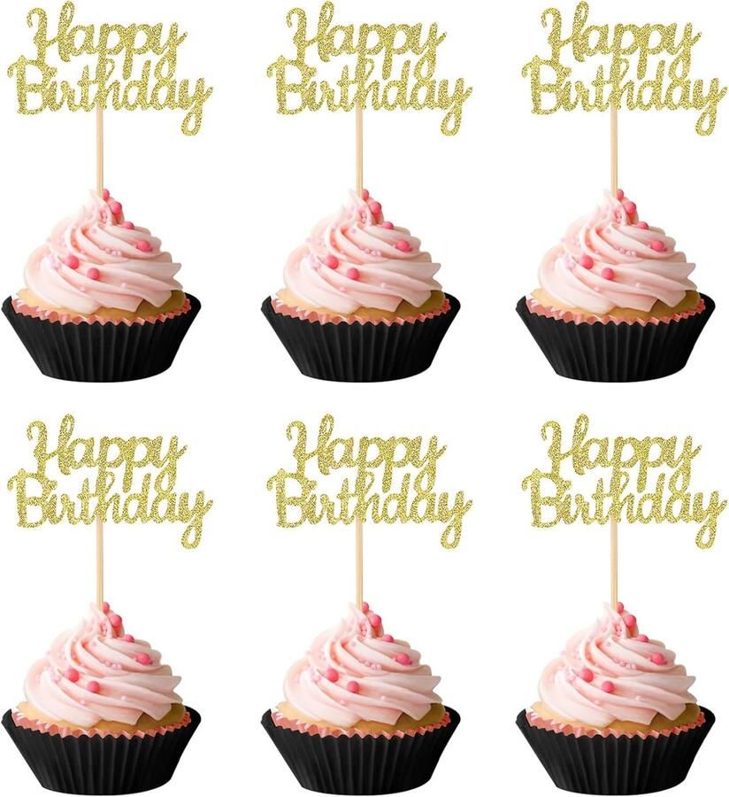 24 stuks Happy Birthday cupcake-toppers glinsterende verjaardagstaart-toppers Happy Birthday taartdecoratie cupcake-topperstaafjes voor verjaardag feest cupcake-decoraties goud