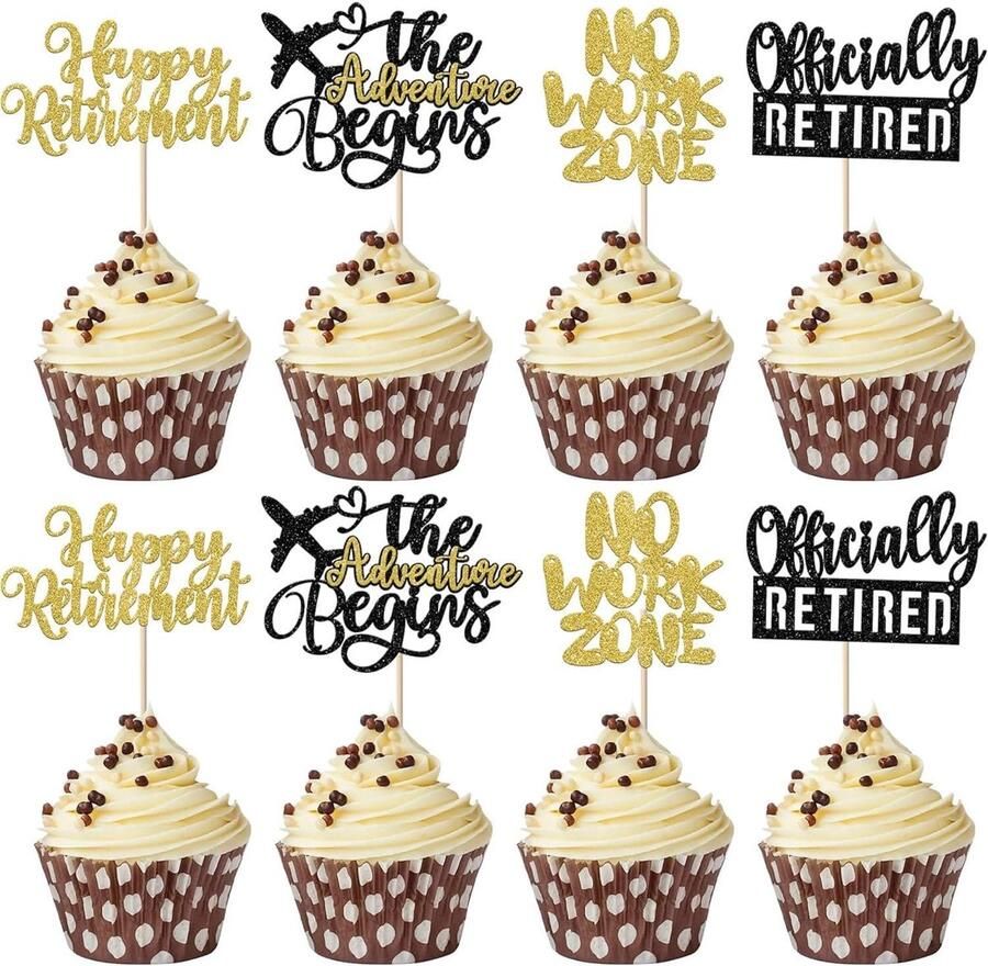 24 stuks Happy Retirement Cake Toppers Black Gold Cake Pensioen Thema Cupcakes Farewell Party Supplies Black Gold Retirement Party Decoraties