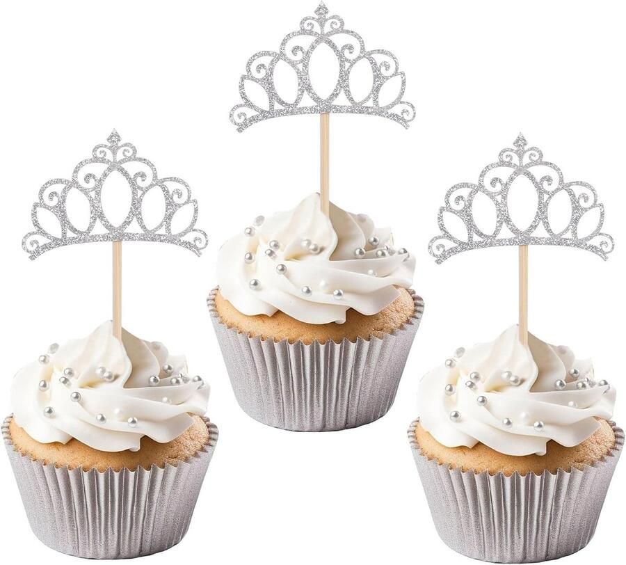 24 Stuks Kroon Cupcake Toppers Zilveren Glitter Sneeuwkoningin Prinses Thema Taartprikkers Decoraties voor Meisjes Verjaardag Babyshower Bruiloft Feestbenodigdheden