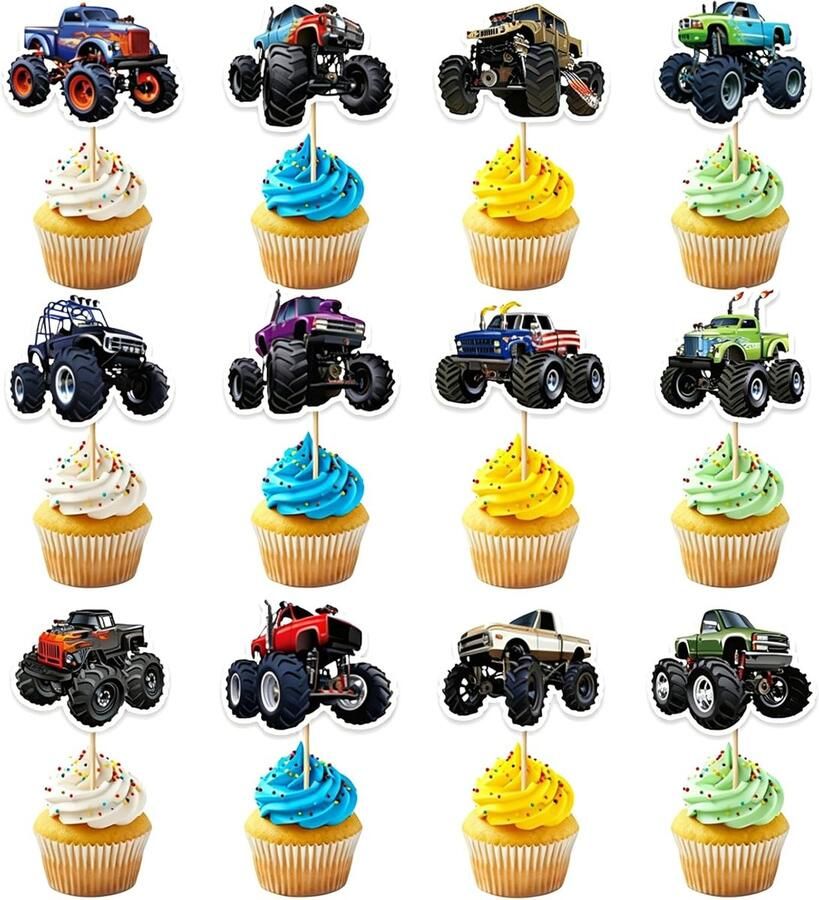 24 stuks monstertruck taarttoppers 3D-cupcake-decoratie voor kinderverjaardag themafeest vrachtwagen monster accessoires voor babyshower en kinderverjaardag