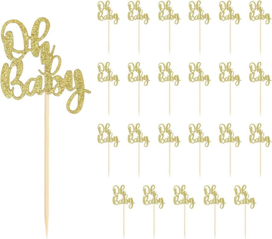 24 Stuks Oh Baby Cupcake Toppers Glitter Cake Toppers Oh Baby Cupcake Prikkers Jongen of Meisje Thema Cupcake Toppers Baby Shower Cupcake Decoraties voor Kinderfeestjes (Goud)