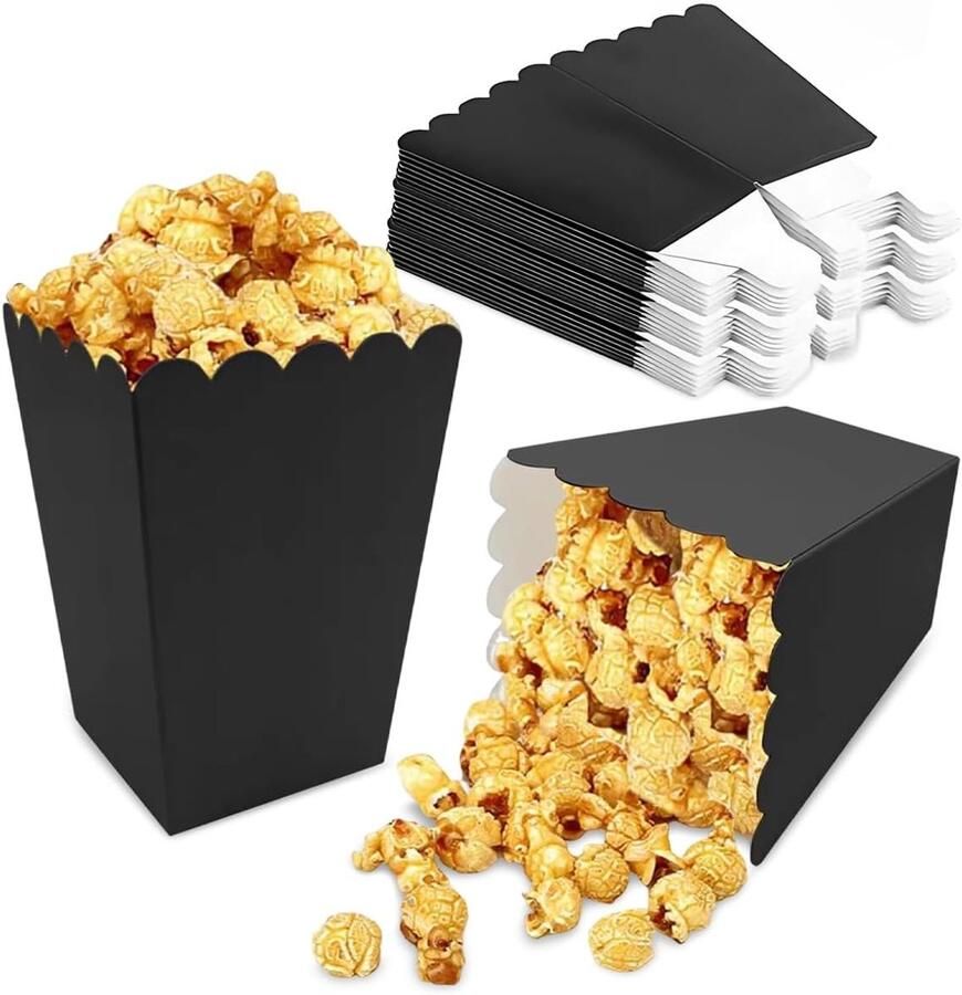 24 Stuks Popcorn Dozen Klein Zwarte Retro Popcorn Dozen van Karton Papieren Popcorn Dozen met Plat Ontwerp Voedselveilige Papieren Popcorn Dozen Mini Popcorn Dozen voor Filmavonden Feesten en Snacks