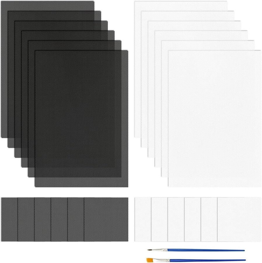 24 vellen wit bontpak oog plastic gaas met 2 schilderpensTherian Eye Mesh waterdicht bedrukbaar PVC plastic ooggaasvel voor harige cosplay rekwisieten bontpakken handwerk maken (20 x 30 cm 10 x 10 cm