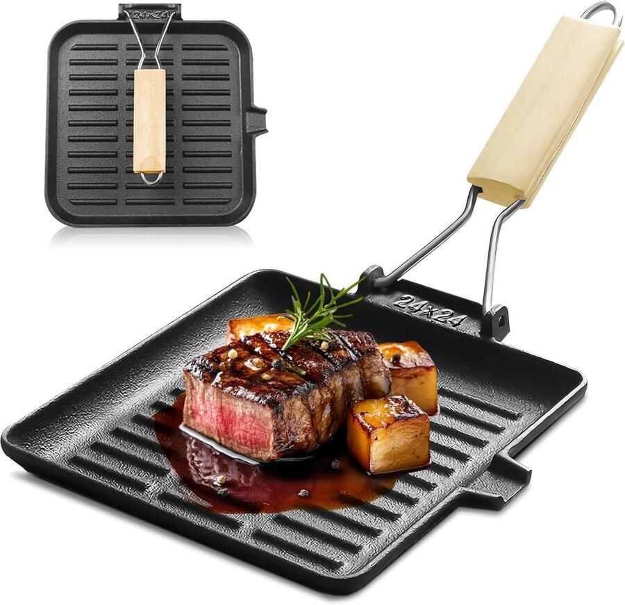 24 x 24 cm zwart gietijzeren grillpan anti-aanbak-grillpan met inklapbaar houten handvat strip steakpan met schenktuit vierkante gietijzeren pannen braadpan gietijzeren pan