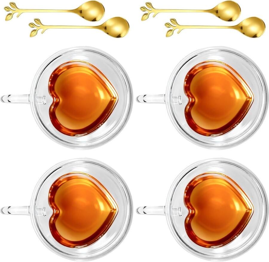 240 ml set van 4 dubbelwandige koffieglazen met handvat en lepel espressokopjes koffiekopjes theeglazen hartkop latte macchiato-glazen voor koffie latte cappuccino thee