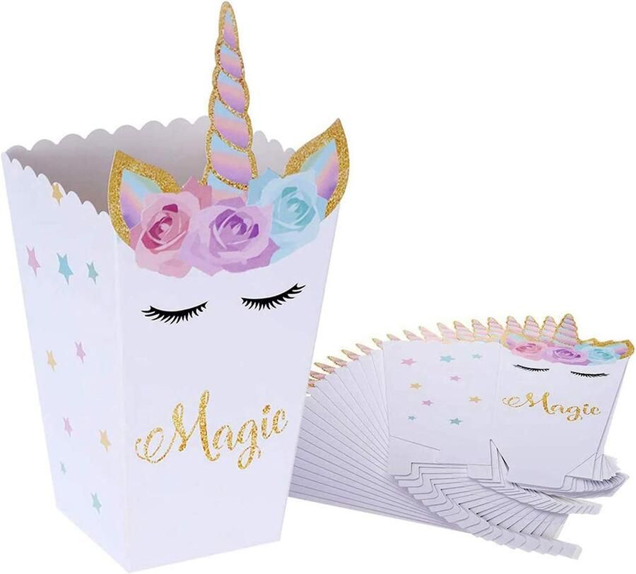 24pcs Popcorn Bags Unicorn Popcorn Boxes Cardboard Candy Container voor Kids Verjaardag Unicorn Thema Party Aanbod