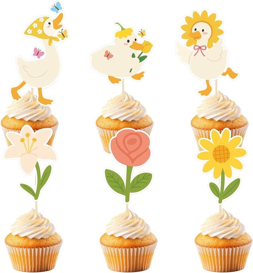 24st Domme Gans Cupcaketoppers 6 Stijlen Gans Cupcaketoppers met Stok & Jelly Gel voor Jongens en Meisjes Babyshowers Verjaardagsfeestjes Cupcake Decoraties