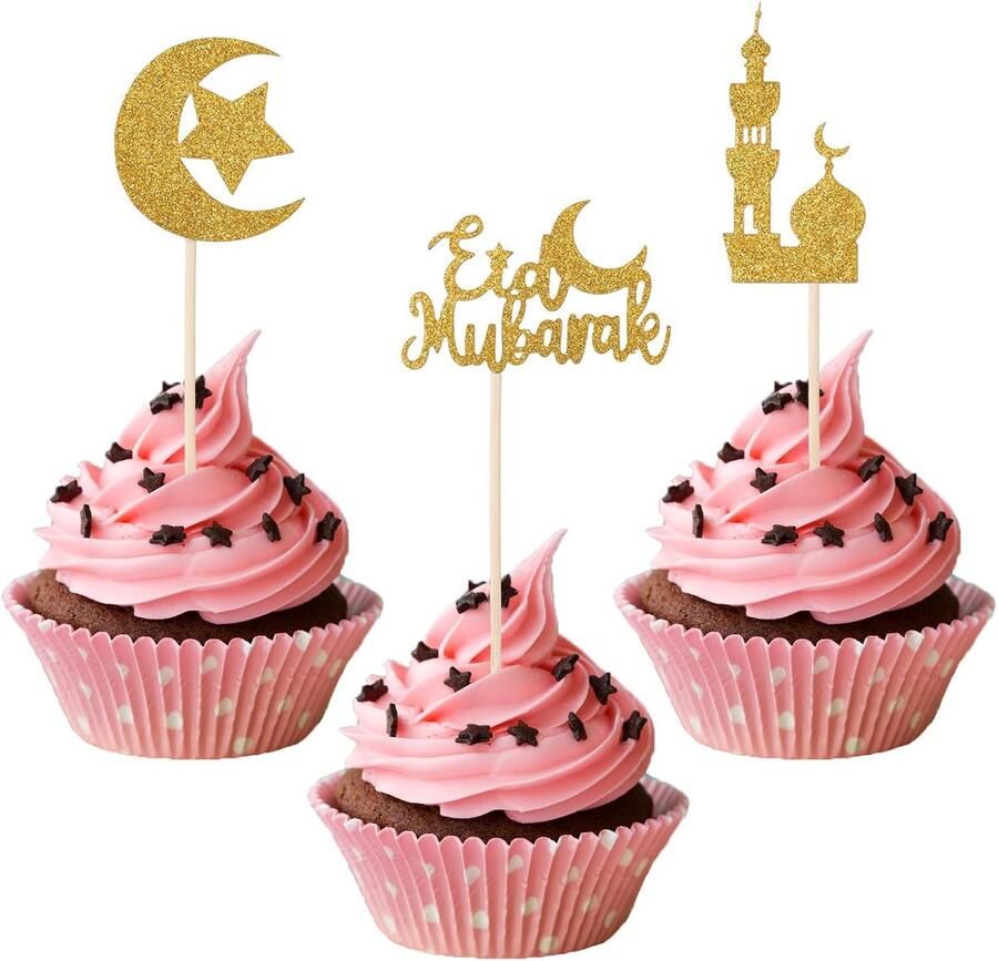 24st Eid Mubarak Cupcake Toppers Glitter Goud Ramadan Cupcake Toppers Moon Star Cake Topper Eid Cupcake Picks Eid Mubarak Decoraties voor Islamitisch Moslim Themafeest