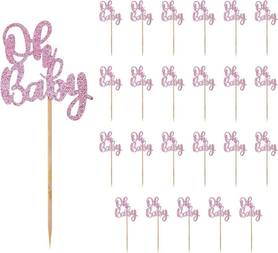 24st Oh Baby Cupcake Toppers Glitter Baby Shower Cake Topper Feestdecoraties Schattig Cupcake Prikkers Feestbenodigdheden voor Bruiloft Verjaardag Baby Shower Decor (Roze)