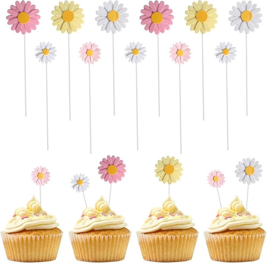 25 stuks kunstpapieren madeliefjes 5 kleuren (wit geel roze) grote en kleine maten decoratie voor taart cupcakes verjaardag bruiloft babyshower en doe-het-zelf kunst