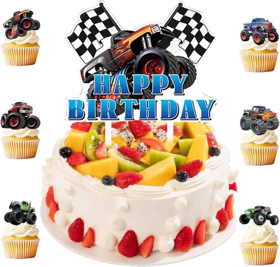 25 stuks Monster Truck Taartversiering Set – Happy Birthday Taarttopper voor Jongens – Vrachtwagen Muffin Decoraties Auto Cupcake Topper Verjaardagstaart Accessoires voor Kinderen
