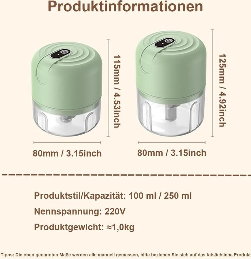 250 ml elektrische hakmolen – Mini knoflook- en groentehakmolen USB oplaadbaar multifunctionele hakmolen geschikt voor in de keuken en voor het bereiden van babyvoeding – Groen