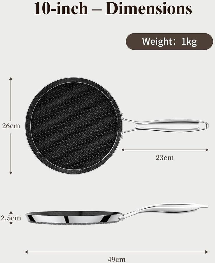 26 cm crêpes pan van roestvrij staal antiaanbaklaag pannenkoekenpan speciaal voor inductiekookplaten roestvrijstalen handgreep zwart PFOA-vrij