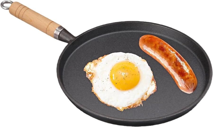 26 cm pannenkoekenpan: gecoate gietijzeren pan met houten handvat gelijkmatige warmteverdeling antiaanbaklaag braadpan voor gasgrill gas camping outdoor koken