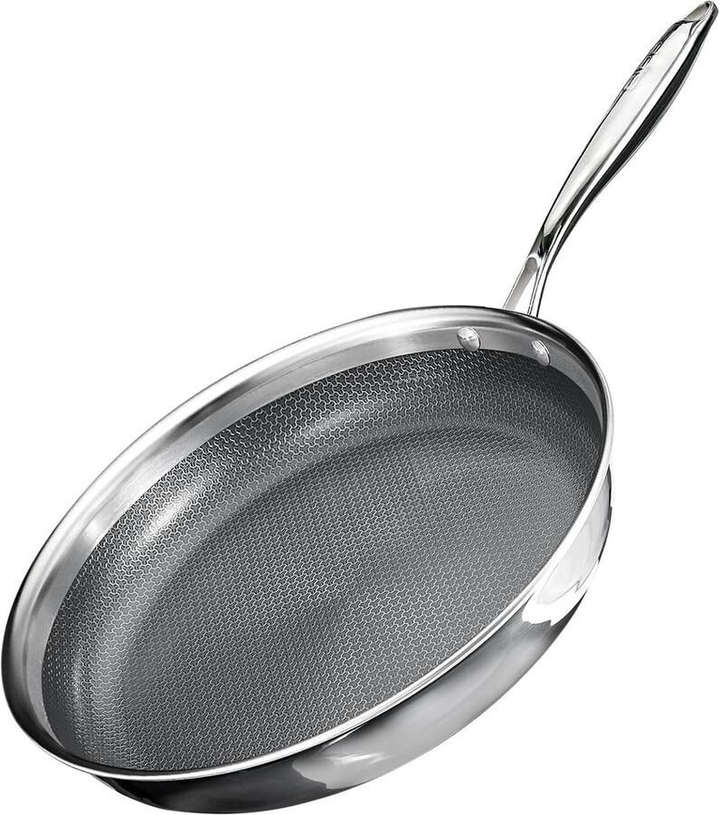 26 cm roestvrijstalen koekenpan met glasdeksel drie-voudige honingraatbodem anti-aanbaklaag geschikt voor inductie ovenbestendig tot 350°C vaatwasserbestendig koel handvat gelijkmatige warmteverdeling
